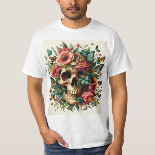 Calavera y Flores - Diseño Floral Colorido Tシャツ (正面)
