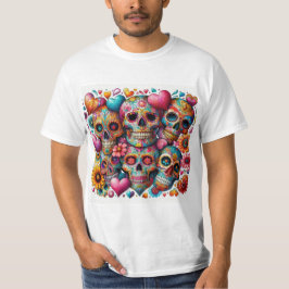 Calaveras Mexicanas con Corazones y Flores Tシャツ
