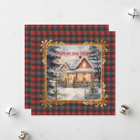 Caledonia Modern Scottish Tartan Christmas シーズンカード (正面/裏面インサイチュ)