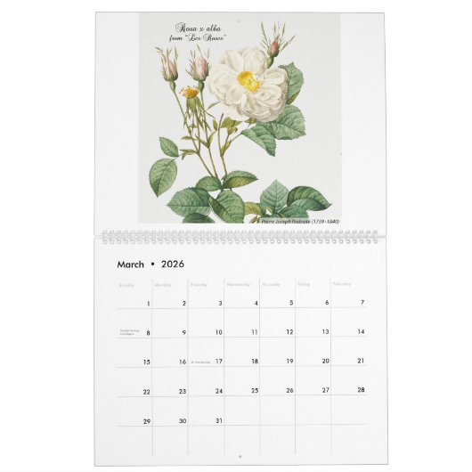 Calendar 2026 - Les Roses - P.J. Redouté  カレンダー (3月 2026)