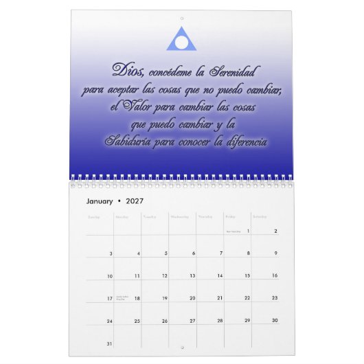 Calendario de Serenidad yのlemas de Al Anon カレンダー (1月 2027)