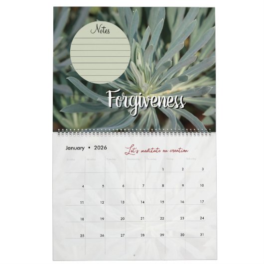 Calendrier Dieu méditation jardin : mots & notes カレンダー (1月 2026)