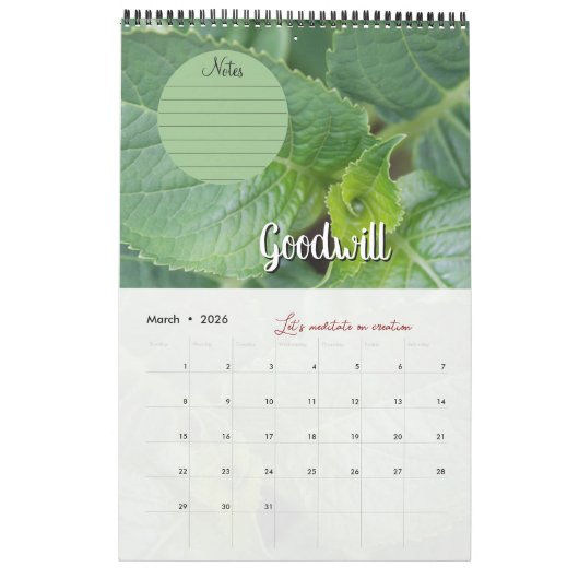 Calendrier Dieu méditation jardin : mots & notes カレンダー (3月 2026)