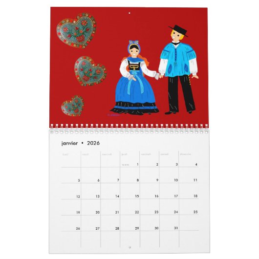 Calendrier, Folklore d'Alsace, France カレンダー (1月 2026)