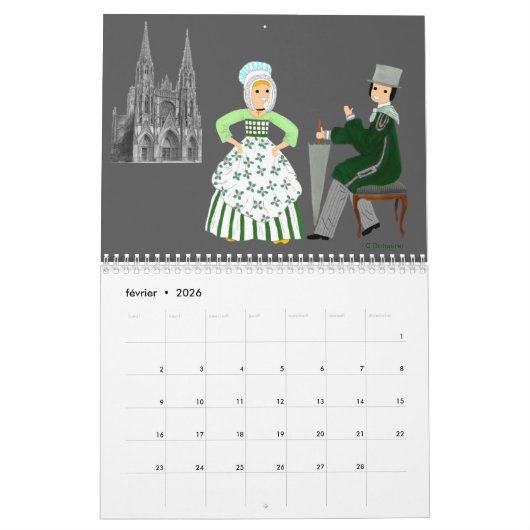 Calendrier, folklore de Normandie, France カレンダー (2月 2026)