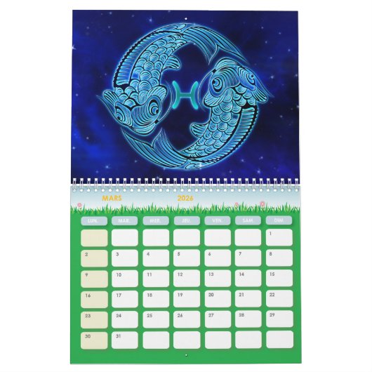 Calendrier Signe du Zodiaque Bleu カレンダー (3月 2026)