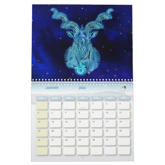 Calendrier Signe du Zodiaque Bleu カレンダー (1月 2026)
