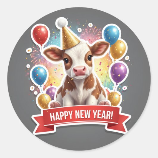 Calf New Year Party Sticker ラウンドシール (正面)