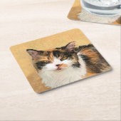 Calico Cat 絵画's – かわいいオリジナルキャットアート スクエアペーパーコースター (アングル)