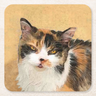 Calico Cat 絵画's – かわいいオリジナルキャットアート スクエアペーパーコースター