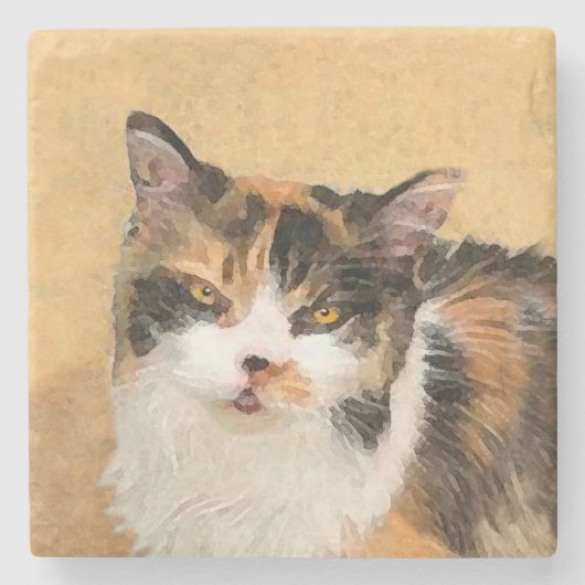 Calico Cat 絵画's – かわいいオリジナルキャットアート ストーンコースター (正面)