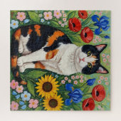 Calico Cat and Folk Art Sunflowers ジグソーパズル (横)