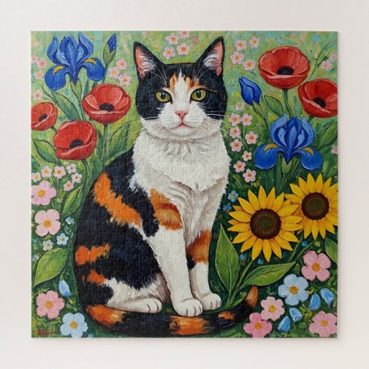 Calico Cat and Folk Art Sunflowers ジグソーパズル (縦)