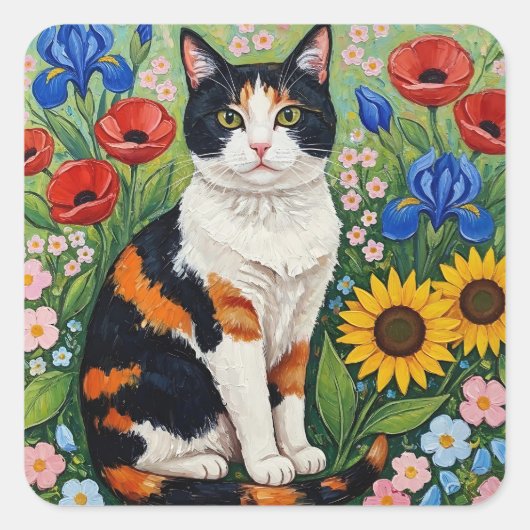 Calico Cat and Folk Art Sunflowers スクエアシール (正面)