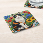 Calico Cat and Folk Art Sunflowers スクエアペーパーコースター (アングル)