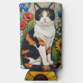 Calico Cat and Folk Art Sunflowers スリム缶クーラー (正面)