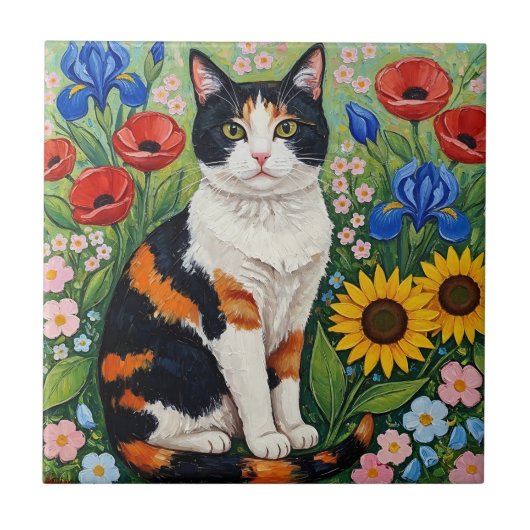 Calico Cat and Folk Art Sunflowers タイル (正面)