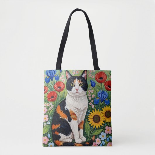 Calico Cat and Folk Art Sunflowers トートバッグ (正面)
