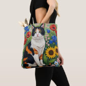 Calico Cat and Folk Art Sunflowers トートバッグ (クローズアップ)