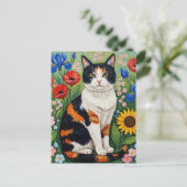 Calico Cat and Folk Art Sunflowers ポストカード (スタンド正面)