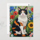 Calico Cat and Folk Art Sunflowers ポストカード (正面/裏面)