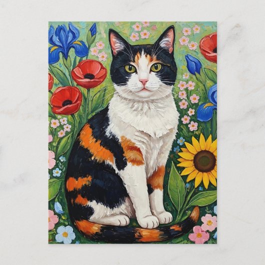 Calico Cat and Folk Art Sunflowers ポストカード (正面)