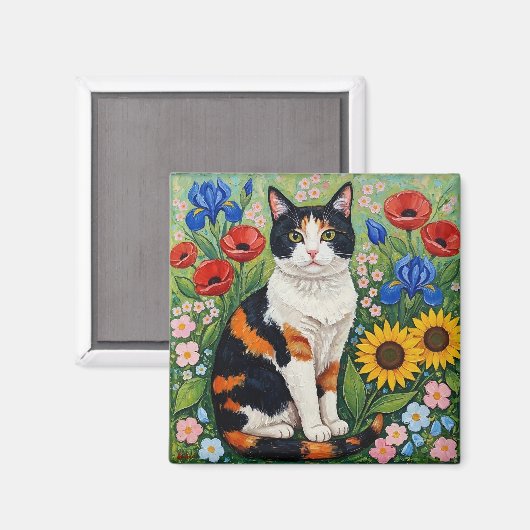 Calico Cat and Folk Art Sunflowers マグネット (正面/裏面)