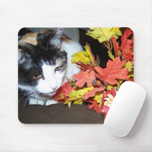 Calico Cat Autumn Fall Leaves Mousepad マウスパッド (マウス)