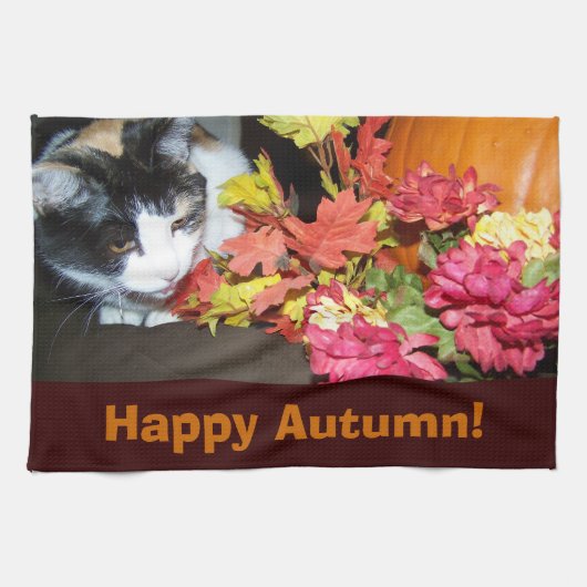 Calico Cat Autumn Fall Leaves Towel キッチンタオル (横)
