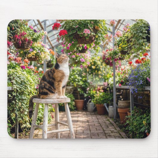 Calico Cat on a Stool in a Greenhouse マウスパッド (正面)