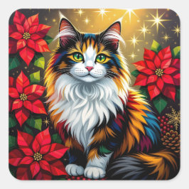 Calico Cat, Poinsettias Red and Gold Christmas スクエアシール