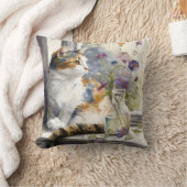 Calico Cat Purple Flowersウィンドウの日光 クッション (ブランケット)