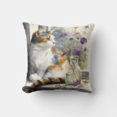 Calico Cat Purple Flowersウィンドウの日光 クッション (正面)