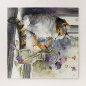 Calico Cat Purple Flowers Window Sunlight  ジグソーパズル (横)