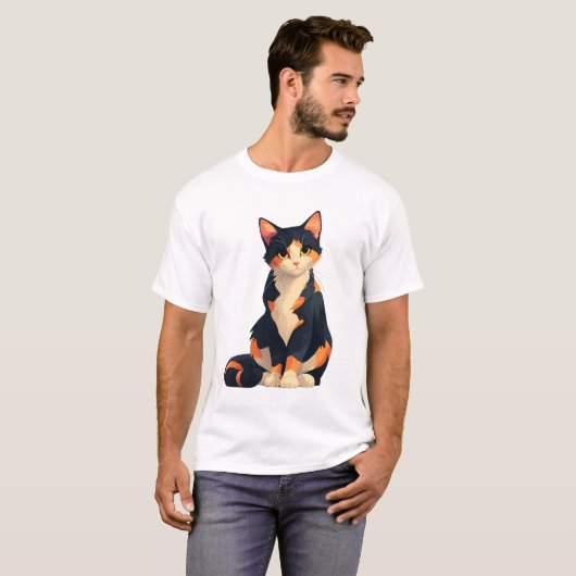 Calico Cat Sitting Illustration Tシャツ (正面フル)