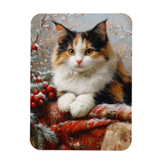 Calico Cat Winter Scene 絵を描's Flexible マグネット (縦)