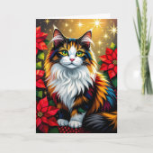 Calico Cat with Poinsettias Custom Christmas シーズンカード (正面)