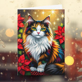 Calico Cat with Poinsettias Custom Christmas シーズンカード