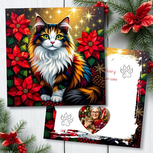 Calico Cat with Poinsettias Custom Christmas シーズンカード