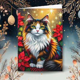 Calico Cat with Poinsettias Custom Christmas シーズンカード