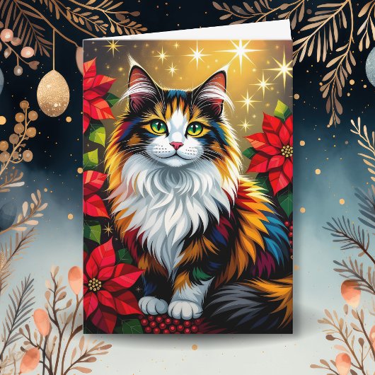 Calico Cat with Poinsettias Custom Christmas シーズンカード