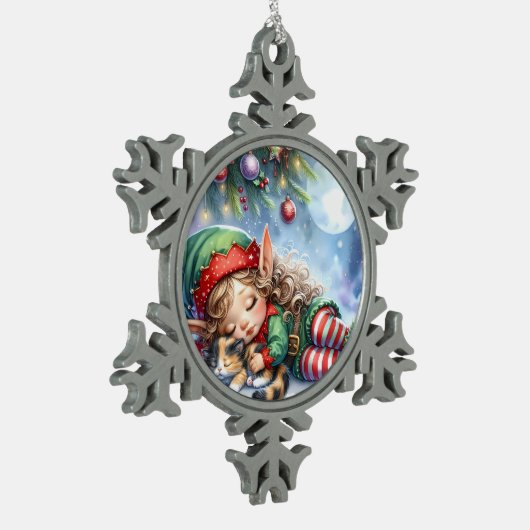 Calico Kittenとの眠るクリスマス小妖精や小人 スノーフレークピューターオーナメント (左)