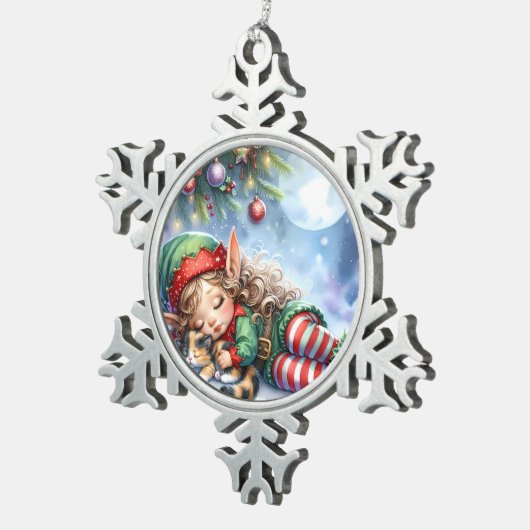 Calico Kittenとの眠るクリスマス小妖精や小人 スノーフレークピューターオーナメント (右)