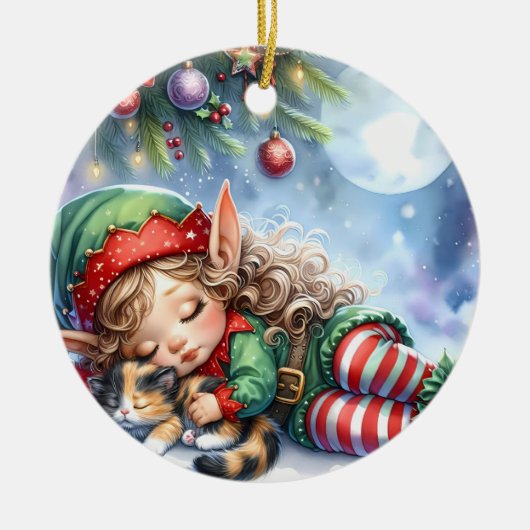 Calico Kittenとの眠るクリスマス小妖精や小人 セラミックオーナメント (正面)