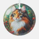 Calico Longhair Cat Glass Ornament ガラスオーナメント (正面)