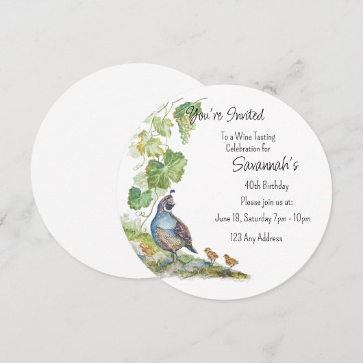 Calif Quail Bird Vineyard Wine Tasting Birthday 招待状 (正面/裏面)