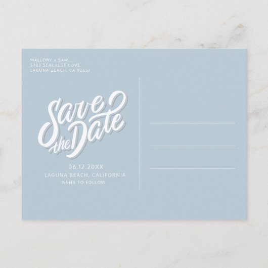 Californiaフォトビーチ結婚式日付の保存 案内ポストカード (裏面)