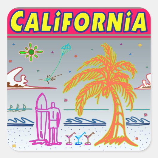 「CALIFORNIA」サーファービーチステッカー スクエアシール (正面)