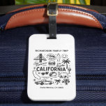 California Family Trip Custom Matching ラゲッジタグ<br><div class="desc">This black-and-white California doodle-style travel design showcases iconic symbols of the Golden State including the Golden Gate Bridge, surf waves, palm trees, tacos, and road-trip elements. Personalize the text with your family name, travel destination and year to create a unique souvenir for a California vacation, family trip, reunion, or group...</div>