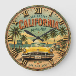 California Golden State Beach Cruiser Vintage Car ラージ壁時計